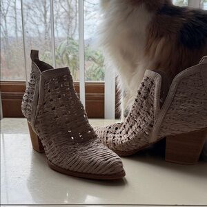 Woven Taupe Women’s Ankle Booties with Stacked Heel